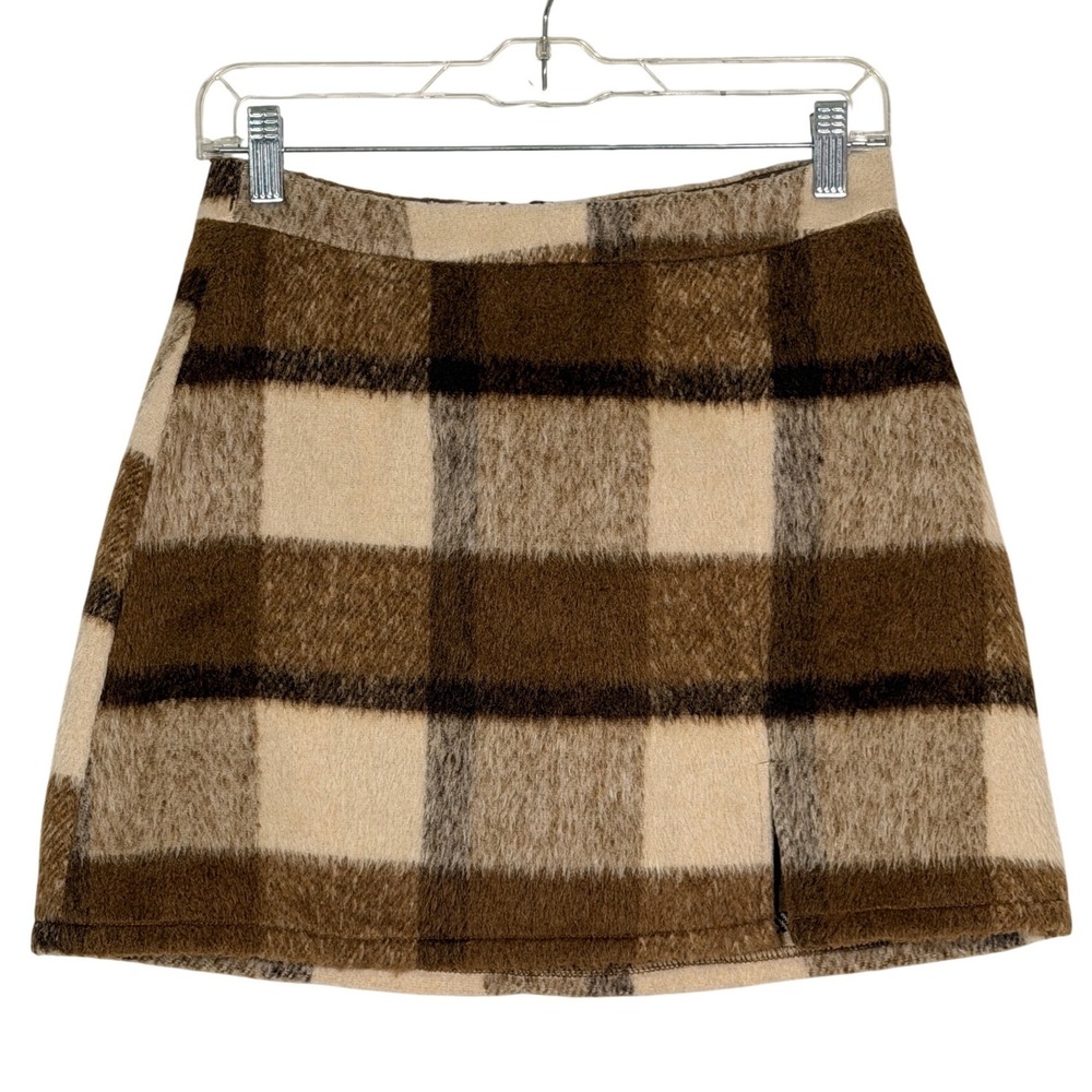 Blue Rain Francescas Brown Plaid Fuzzy Mini Skirt Side Slit Small